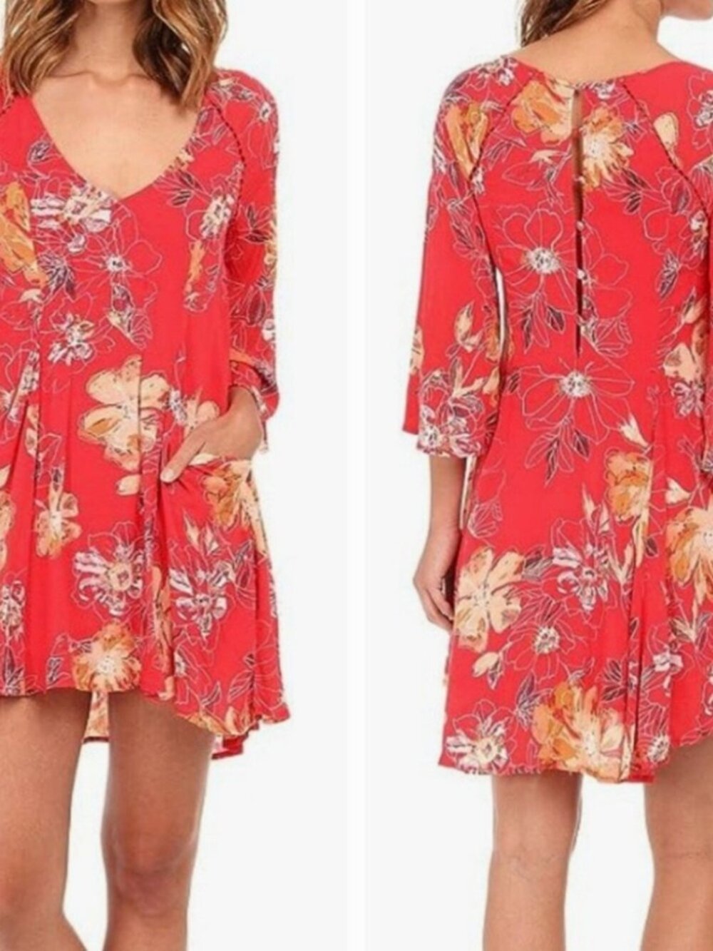 Free People Pink Red Floral Eyes On Your Floral Trapeze Dress w Pockets